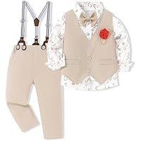 WESIDOM Toddler Boy Clothes Suit Formal Dress Shirt+Bowtie+Vest+Boutonniere+Suspender Pants Boys Gentleman Outfits Set - Image 5