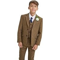 Boys Wool Herringbone Tweed Suit 3-Piece Vintage Formal Outfit for Wedding Party - Image 3