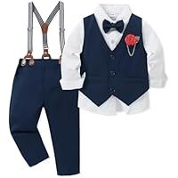 WESIDOM Toddler Boy Clothes Suit Formal Dress Shirt+Bowtie+Vest+Boutonniere+Suspender Pants Boys Gentleman Outfits Set - Image 4