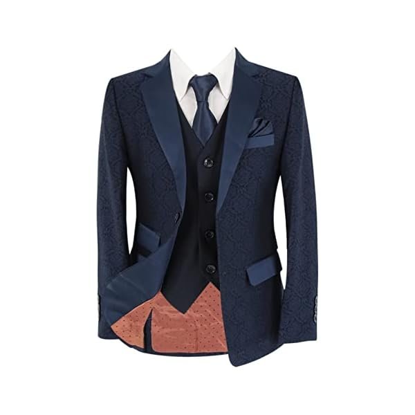 Boys Jacquard Patterned Suit Navy Blue Geometric Fashion Pageboy Wedding Occasion 3 Piece Set - Image 2