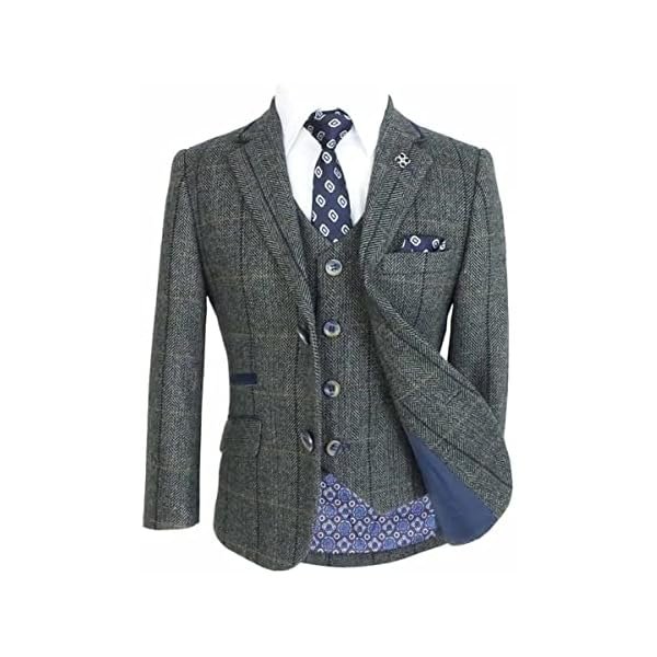 Boys Wool Blend Suit Herringbone Check Tweed Set - Image 3