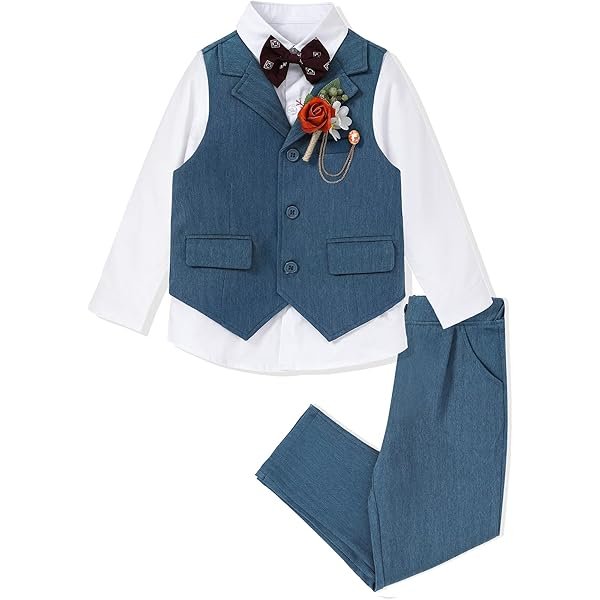 DISAUR Boys Dress Clothes 5-Piece Formal Suit Set, Vest, Pants, Dress Shirt, Bowtie and Boutonniere Kids Wedding Outfit - Image 5