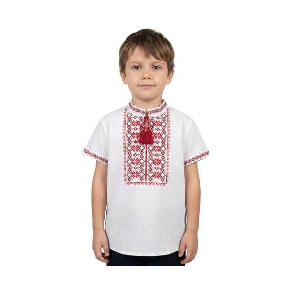 Skrynia Boys' 100% Cotton Shirt White Embroidered Red Geometric Short Sleeve Toddler Vyshyvanka Summer Folk Top