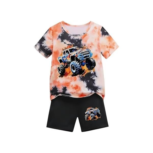 Boys Clothes 2-Piece Summer Outfit 3D Car Print Tie-Dye T-Shirt & Elastic Waist Shorts for Kids Clothing Set 5-11Y