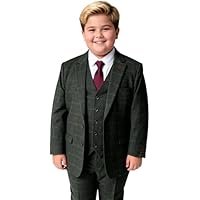Boys Wool Tweed Suit Windowpane Check Suit 3-Piece Set Generous Fit Husky Sizes - Image 2